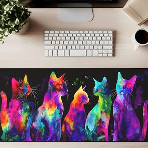 Neon Watercolor Cats Desk Mat Cat Art Mouse Pad Gaming Mat Colorful Rainbow Kitty Art Black Background Modern Office Decor Cat Lover Gift
