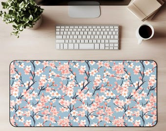 Alfombrilla de escritorio con diseño de flor de cerezo azul, alfombrilla de ratón Sakura para juegos, decoración de oficina con estampado floral japonés, accesorio estético para espacio de trabajo.