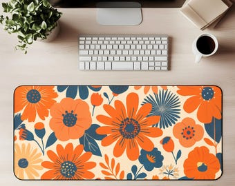 Floral Desk Mat Floral Mouse Pad Retro Flower Gaming Mat Orange Blue Botanical Office Desk Decor Bold Vintage Workspace Large Computer Pad