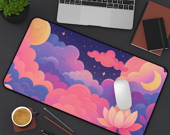 Celestial SKy Clouds Desk Mat Kawaii Pink Purple Clouds Mouse Pad Lotus Flower Fantasy Sky Gaming MatGift For Her Dorm Decor Aesthetic