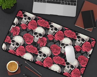 Alfombrilla de escritorio gótica con calavera rosa oscura, alfombrilla de juego con calavera, alfombrilla de ratón estilo academia oscura, accesorio de tecnología genial, alfombrilla de diseño de teclado, alfombrilla extendida para PC