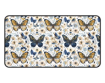 Alfombrilla de escritorio con diseño de mariposas, color azul y amarillo, con diseño floral, ideal como alfombrilla de ratón o para juegos, ideal como alfombrilla de mesa para la oficina o como decoración de insectos naturales, ideal como regalo para amantes de las mariposas.