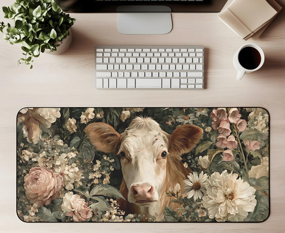 Cow Desk Mat Coquette Cow Mouse Pad Vintage Floral Cow Gaming Mat ...