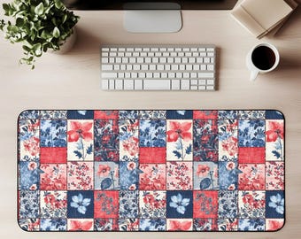 Patriotic Floral Patchwork Desk Mat Red Blue Floral Patchwork Mouse Pad Vintage Cottagecore Office Decor Country Farmhouse Workspace Gift