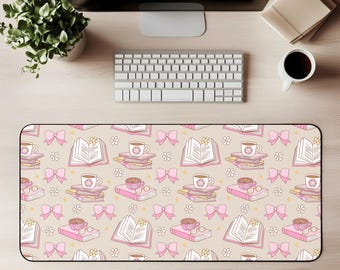 Cute Pink Books Desk Mat Bookish  Mouse Pad Cute Coffee Donut Bow Aesthetic Study Mat Cozy Girly Office Decor Book Lover Gaming Mat Gift