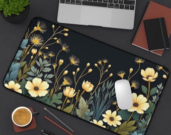 Botanical Art Nouveau Desk Mat Sage Green Floral And Plant Detailed Design Ideal Cute Office Decor Extended Keyboard Plants Mouse Pad