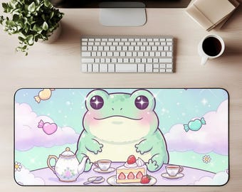 Kawaii Frog Tea Party Desk Mat Cute Pastel Dessert Table Gaming Mouse Pad Cloud Candy Scene Large Desk Cover Gift for Gamer Girl Desktok
