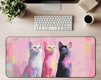 Alfombrilla de escritorio con diseño de gato pastel, moderna alfombrilla de ratón, color rosa abstracto, colorida, para juegos, decoración contemporánea de oficina, regalo para amantes de los gatos.