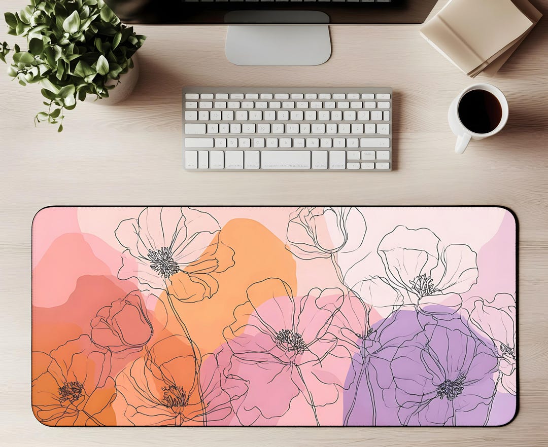 Pastel Floral Line Art Desk Mat Pastel Floral Line Art Mouse Pad ...