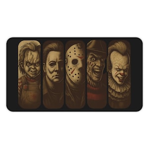 Scary movie villain desk mat with lineup of horror icons in moody dark illustration Oversized gaming mouse pad with stitched edges smooth premium surface and non slip rubber base Perfect horror fan gift for gamers students and office workers Adds spooky creepy Halloween style to workspace setups High quality oversized horror print makes this a thoughtful gift for scary movie fans Functional stylish desk mat for birthdays Halloween or horror lovers