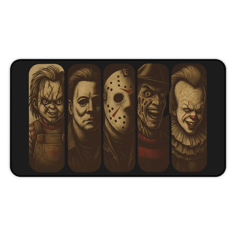 Scary movie villain desk mat with lineup of horror icons in moody dark illustration Oversized gaming mouse pad with stitched edges smooth premium surface and non slip rubber base Perfect horror fan gift for gamers students and office workers Adds spooky creepy Halloween style to workspace setups High quality oversized horror print makes this a thoughtful gift for scary movie fans Functional stylish desk mat for birthdays Halloween or horror lovers