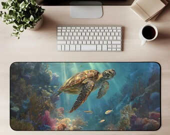 Sea Turtle Desk Mat Turtle Mouse Pad Underwater Reef Artwork Marine Life Scene Colorful Ocean Design Gaming Mat Tropical Sea Aesthetic