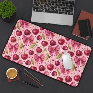 Cherry Desk Mat Pink Gaming Mat Cute Fruit Pastel Mouse Pad Aesthetic Dorm Decor For Her Pretty Keyboard Mat Tech Accessory Gift Laptop Pad