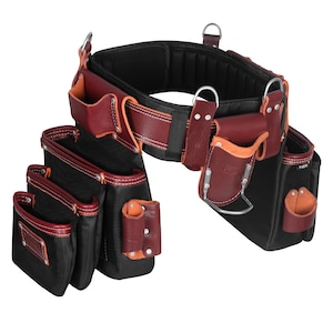 May include: A black and burgundy leather tool belt with multiple pockets and pouches. The belt features metal D-rings and is designed for professional use. The pockets are reinforced with burgundy leather trim and stitching.
