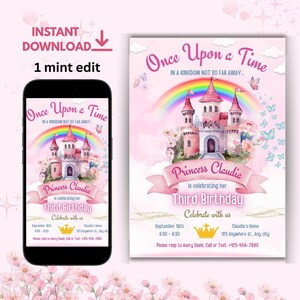 Cartão de convite de aniversário de princesa, convite para festa no castelo mágico da princesa real, tema de conto de fadas, modelo de cartão de aniversário rosa editável