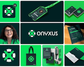 May include: A collage of Onyxus branding elements in green and white. Includes a logo, business cards, tote bag, lanyard, stationery, and a smiling person. The logo features a stylized cross design.