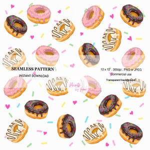 donut Seamless Pattern | Cute Dessert Digital Paper | Kawaii Sweet Food Clipart | printable Transparent Background for Sublimation & Fabric
