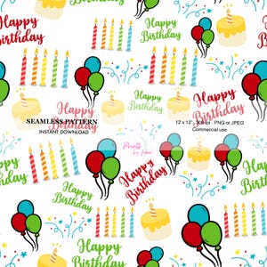Birthday Party Digital Paper: Cakes, Balloons, Candles (12x12 PNG, 300 DPI)