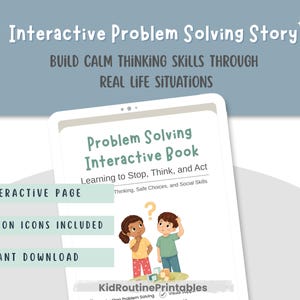 以下が含まれることがあります： 「Problem Solving Interactive Book」というタイトルのデジタル製品で、「Learning to Stop, Think, and Act」というテキストが表示されています。画像には子供たちのイラストと「Build Calm Thinking Skills Through Real Life Situations」というテキストが含まれています。