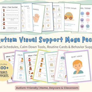 May include: A collection of visual support cards for autism, featuring various themes like emotions, routines, and calm-down strategies. The cards have colorful illustrations and text, with the title "Autism Visual Support Mega Pack". Includes over 300 visual supports.