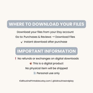 May include: A digital information sheet detailing how to download files from Etsy, with the headings "WHERE TO DOWNLOAD YOUR FILES" and "IMPORTANT INFORMATION". It states the product is a digital download for personal use, with no physical item shipped.