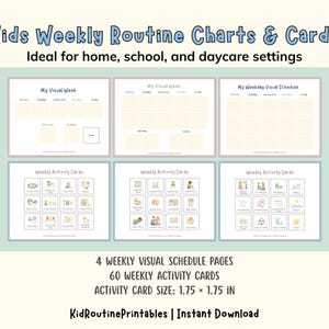 May include: A set of printable kids' weekly routine charts and cards. The image shows six cards with a light blue background. The top row features three "My Visual Week" charts. The bottom row displays "Weekly Activity Cards" with various activity icons. The text reads "Kids Weekly Routine Charts & Cards".
