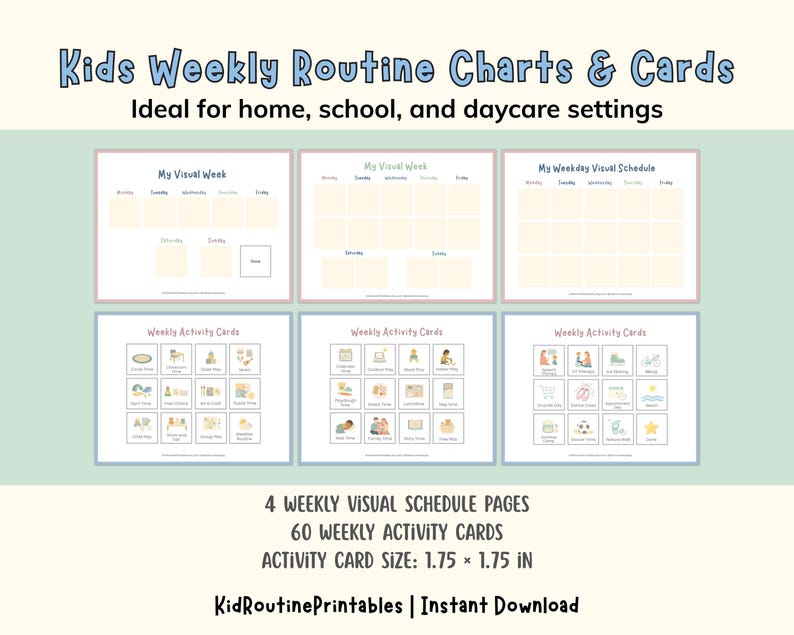 May include: A set of printable kids' weekly routine charts and cards. The image shows six cards with a light blue background. The top row features three "My Visual Week" charts. The bottom row displays "Weekly Activity Cards" with various activity icons. The text reads "Kids Weekly Routine Charts & Cards".
