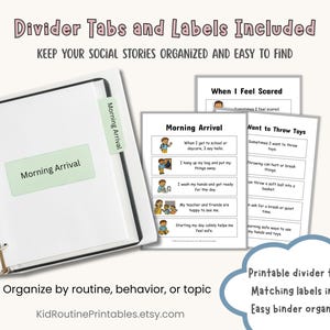May include: A white binder with a green label reading "Morning Arrival" and coordinating divider tabs. The image also shows printable pages with social stories and the text "Divider Tabs and Labels Included".