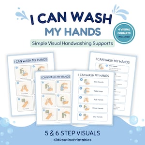Op de afbeelding: Een set printbare educatieve kaarten getiteld I CAN WASH MY HANDS, met visuele reeksen van 5 en 6 stappen met illustraties van kranen, zeepdispensers en handen, inclusief tekstuele instructies voor het wassen van de handen.