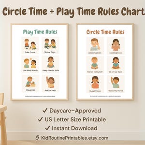 May include: Two framed educational charts titled "Circle Time + Play Time Rules Chart." The charts display illustrated rules for children, such as "Take Turns" and "Listening Ears." The bottom of the image includes text: "Daycare-Approved," "US Letter Size Printable," and "Instant Download."