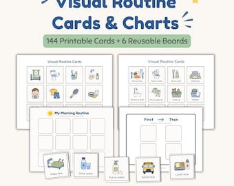 May include: A set of visual routine cards and charts featuring 144 printable cards and 6 reusable boards. The text reads Visual Routine Cards & Charts, 144 Printable Cards + 6 Reusable Boards, My Morning Routine, First Then, and Printable PDF Instant Download.