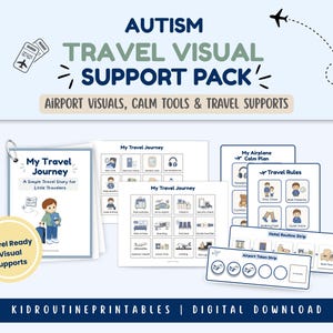 May include: A visual support pack for autism travel, featuring airport visuals, calm tools, and travel supports. Includes a booklet titled "My Travel Journey" and visual aids for airport and airplane routines. The text reads "Travel Ready Visual Supports".