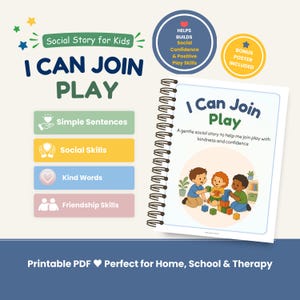 Könnte beinhalten: Ein spiralgebundenes Sozialgeschichten-Buch mit dem Titel I Can Join Play, das eine Illustration von drei Kindern zeigt, die mit Bauklötzen spielen. Das Cover enthält Text über Freundlichkeit und Selbstvertrauen. Die Grafik enthält Beschriftungen für einfache Sätze, soziale Fähigkeiten, freundliche Worte und Freundschaftsfähigkeiten sowie einen Hinweis auf ein Bonus-Poster.