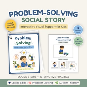 Op de afbeelding: Een interactief visueel hulpmiddel voor probleemoplossing voor kinderen. Bevat een ringbandboekje met een omslag waarop een denkend kind staat, 10 probleemkaarten, 15 oplossingsiconen en een bonusposter. Tekst: "Problem-Solving Social Story" en "Learn to STOP, THINK & ACT."