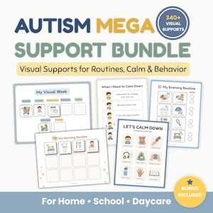 Könnte beinhalten: Ein digitales Set aus visuellen Unterstützungskarten mit dem Titel Autism Mega Support Bundle mit über 340 visuellen Hilfsmitteln. Enthält My Visual Week, When I Need to Calm Down, My Evening Routine, My Morning Routine und Let's Calm Down Pläne.