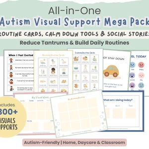 May include: A set of visual aids for autism, featuring routine cards, calming tools, and social stories. The pack contains over 300 visuals designed to help reduce tantrums and establish daily routines. The image text reads "All-in-One Autism Visual Support Mega Pack".