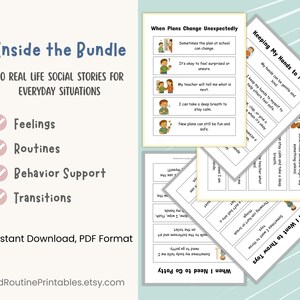May include: A set of printable social stories for everyday situations. The bundle covers feelings, routines, behaviour support, and transitions. The text includes "Inside the Bundle" and "Instant Download, PDF Format". The stories are designed to help children navigate various social scenarios.