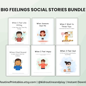 May include: A bundle of six social stories for toddlers, each with a title like "When I Feel Angry" and illustrations of children. The text "BIG FEELINGS SOCIAL STORIES BUNDLE" is at the top. The Etsy shop name and social media handle are at the bottom.