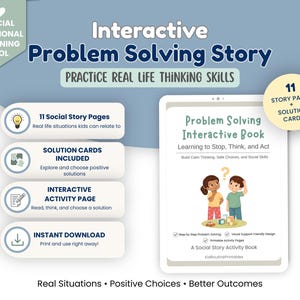Op de afbeelding: Een educatief product getiteld "Interactive Problem Solving Story" met de tekst "Practice Real Life Thinking Skills". De afbeelding toont een boekomslag, pictogrammen en tekst die de kenmerken van het product beschrijven, zoals verhalenpagina's en oplossingskaarten.