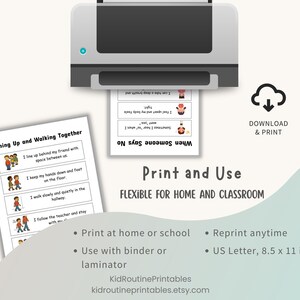 May include: A printer is shown with printed sheets of paper. The sheets have text and illustrations about lining up and walking together, and what to do when someone says no. The text "Print and Use" is displayed with the text "FLEXIBLE FOR HOME AND CLASSROOM".