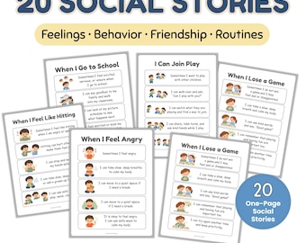 Puede incluir: Una colección de 20 historias sociales impresas en papel blanco, con ilustraciones y texto sobre sentimientos, comportamiento, amistad y rutinas. Los títulos incluyen When I Go to School, I Can Join Play, When I Lose a Game, When I Feel Like Hitting y When I Feel Angry.