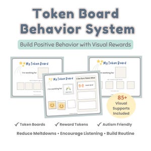 May include: A Token Board Behavior System set featuring three white boards with the text My Token Board, I'm working for, and I Can Earn Tokens When. The boards include yellow star graphics, square spaces for tokens, and a circular badge stating 85+ Visual Supports Included.
