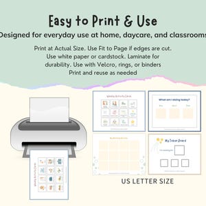 May include: An image of a printer with printed activity cards. The text "Easy to Print & Use" and instructions are at the top. The cards are designed for home, daycare, and classroom use. The size is US Letter.