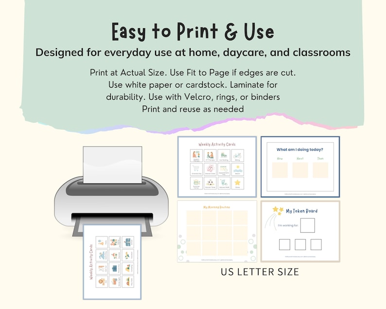 May include: An image of a printer with printed activity cards. The text "Easy to Print & Use" and instructions are at the top. The cards are designed for home, daycare, and classroom use. The size is US Letter.
