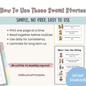 May include: An image with the text "How To Use These Social Stories" and "SIMPLE, NO PREP, EASY TO USE". It includes instructions, illustrations, and the text "No cutting, no assembly required" and "INSTANT DOWNLOAD".