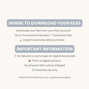 May include: A digital download information sheet with the text "WHERE TO DOWNLOAD YOUR FILES" and "IMPORTANT INFORMATION". The sheet explains how to download files from Etsy and notes that it is a digital product.