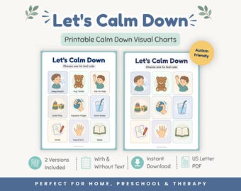 Calm Down Charts for Toddlers, Autism Calm Corner Visuals, Emotion Regulation Printable, Digital Download