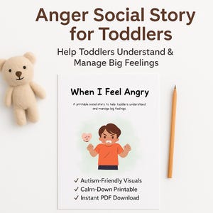 Puede incluir: Un cuento social imprimible para niños pequeños titulado "Cuando me siento enfadado" con una ilustración de dibujos animados de un niño enfadado. El texto dice "Ayude a los niños pequeños a comprender y gestionar los sentimientos". Un osito de peluche beige y un lápiz también están en la imagen.