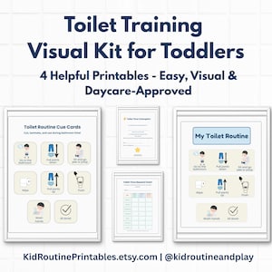 Op de afbeelding: Een visuele toilet training kit voor peuters, met vier handige printables. De kit bevat cue cards, een beloningsschema en een routinegids, allemaal ontworpen om gemakkelijk, visueel en goedgekeurd door de kinderopvang te zijn. De tekst op de afbeelding luidt "Toilet Training Visual Kit for Toddlers".