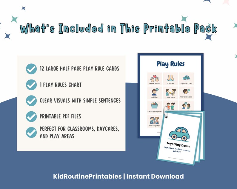 Large Play Rule Cards Printable, Toddler Classroom Rules Chart, Digital ...